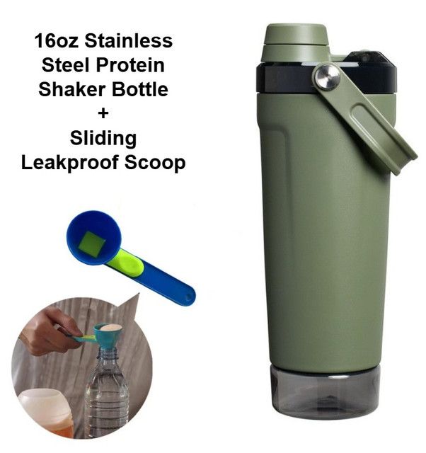 Olive Green Sports Nutritional Drinkware Set with 16oz Stainless Steel Protein Shaker Bottle and