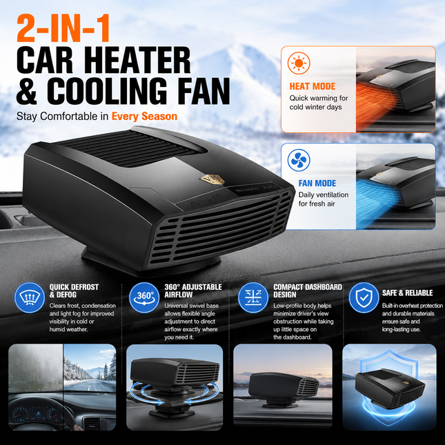 Black Portable Car Heater Fan with 360 Degree Adjustable Base Fast Defrost & Demister Dual Mode