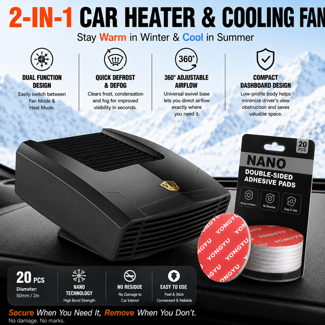 Black Compact 360 Degree Adjustable Car Heater Fan with 20PCS Removable Nano Double Sided Adhesive