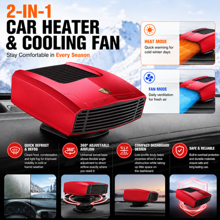 Red Compact Car Heater Fan with 360° Adjustable Base, Fast Defrost & Demister, Dual Mode Heat & Cooling Fan, Quiet Constant Tempe Dashboard Heater for Cars Winter Driving (12V / 150W)
