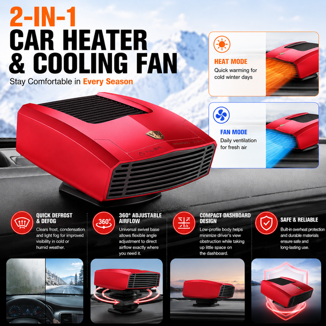 Red Compact Car Heater Fan with 360 Degree Adjustable Base Fast Defrost & Demister Dual Mode