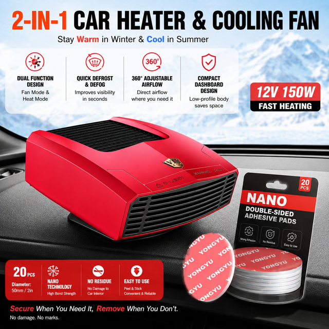 Red Compact 360 Degree Adjustable Car Heater Fan with 20PCS Removable Nano Double Sided Adhesive