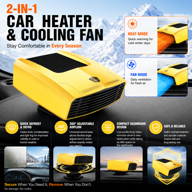 Yellow Compact Car Heater Fan with 360 Degree Adjustable Base Fast Defrost & Demister Dual Mode