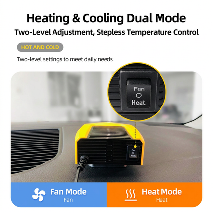 Yellow Compact Car Heater Fan with 360° Adjustable Base, Fast Defrost & Demister, Dual Mode Heat & Cooling Fan, Quiet Constant Tempe Dashboard Heater for Cars Winter Driving (12V / 150W)