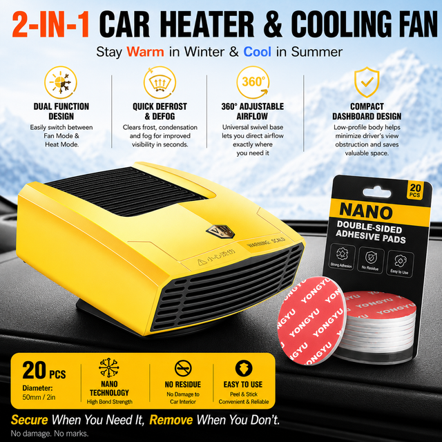 Yellow Compact 360 Degree Adjustable Car Heater Fan with 20PCS Removable Nano Double Sided Adhesive