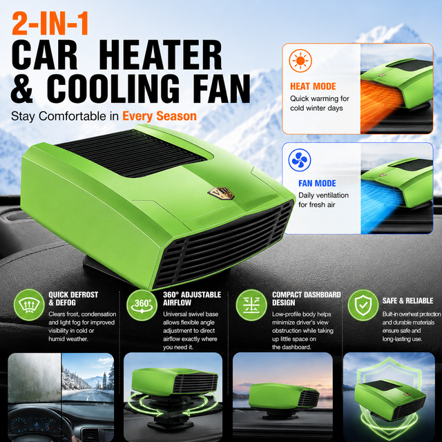 Green Compact Car Heater Fan with 360 Degree Adjustable Base Fast Defrost & Demister Dual Mode