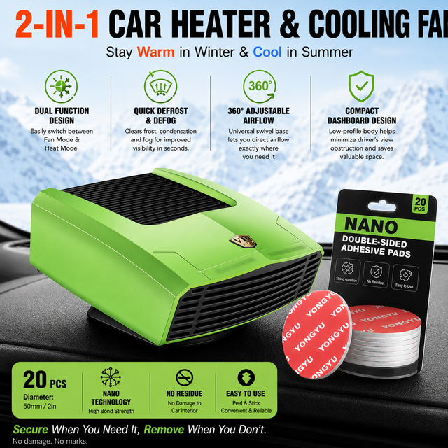 Green Compact 360 Degree Adjustable Car Heater Fan with 20PCS Removable Nano Double Sided Adhesive