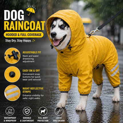 Yellow Waterproof Full Body Dog Raincoat with Adjustable Hood & Waist, Easy Snap Closure and Hidden Leash Opening - Lightweight Four-Leg Reflective Pet Rain Suit for Small Medium Large Dogs, S Size