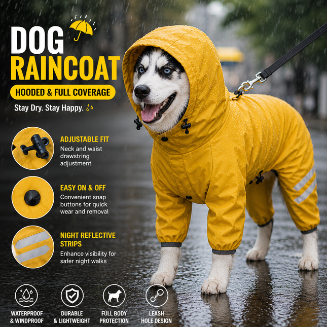 Yellow Waterproof Full Body Dog Raincoat with Adjustable Hood & Waist Easy Snap Closure and Hidden Leash