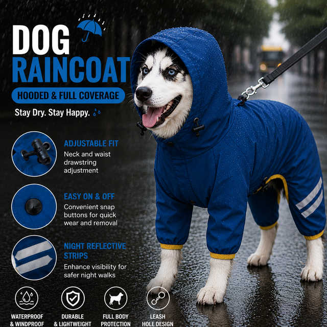 Blue Waterproof Full Body Dog Raincoat with Adjustable Hood & Waist Easy Snap Closure and Hidden Leash