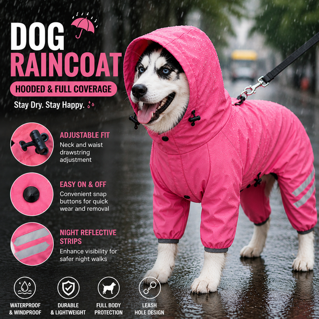 Pink Waterproof Full Body Dog Raincoat with Adjustable Hood & Waist Easy Snap Closure and Hidden Leash