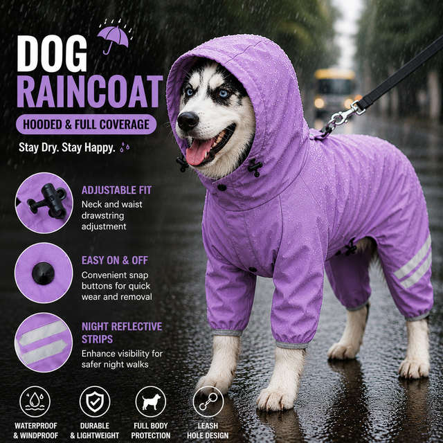 Purple Waterproof Full Body Dog Raincoat with Adjustable Hood & Waist Easy Snap Closure and Hidden Leash