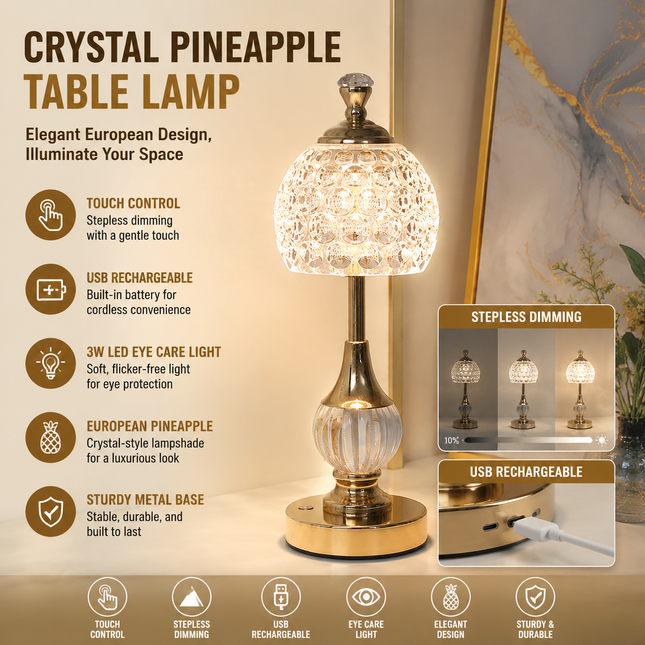 Luxury Metal Crystal Table Lamp European Pineapple Eye Care Bedside Night Light with Dimmable 3