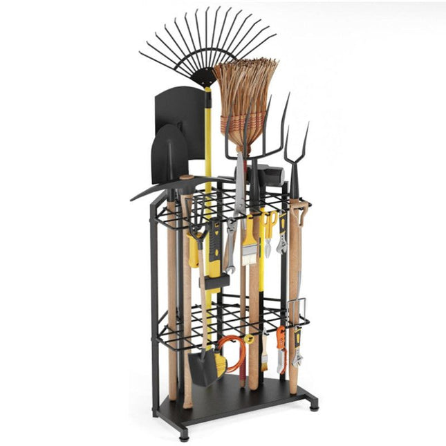 Mutifunctional Garden Tool Rack for Corner with Space Saving Triangular Design & Dual-Layer Grid