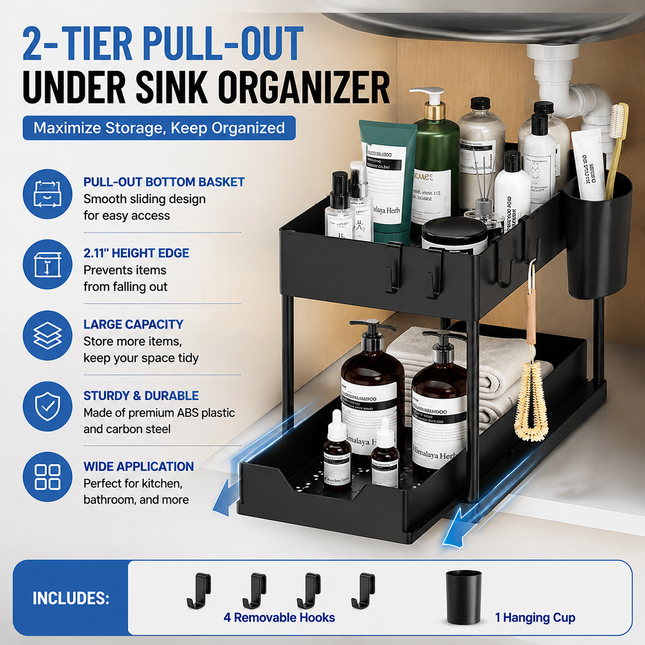 Black Under Sink Organizer with Pull-Out Drawer 4 Hooks and Hanging V888-ELOSUNG52750