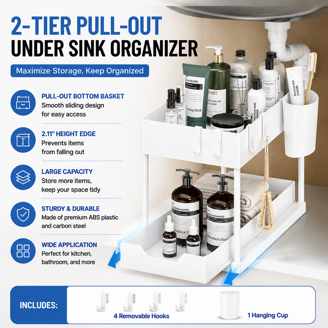 White Under Sink Organizer with Pull-Out Drawer 4 Hooks and Hanging V888-ELOSUNG52751