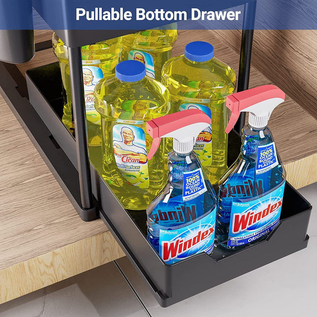White Under Sink Organizer with Pull-Out Drawer 4 Hooks and Hanging – product detail