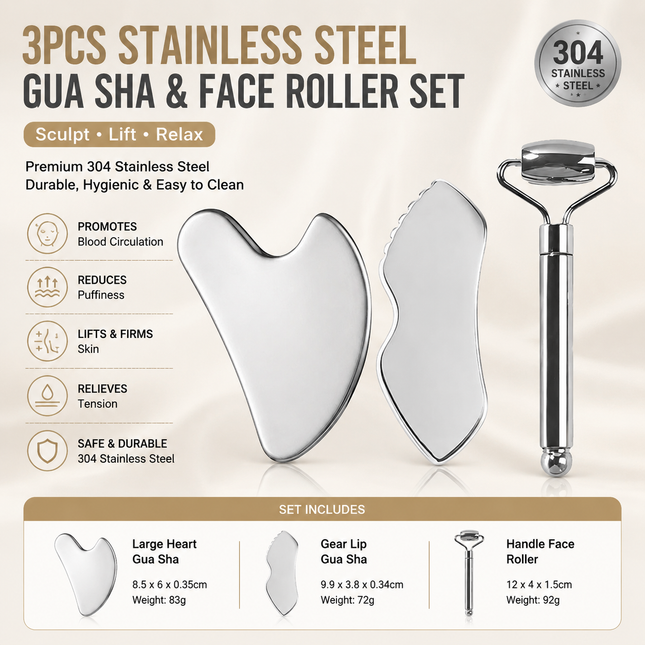 3-Piece Stainless Steel Scraping Board & Facial Massage Roller Set with Large Heart-Shaped Gua Sha