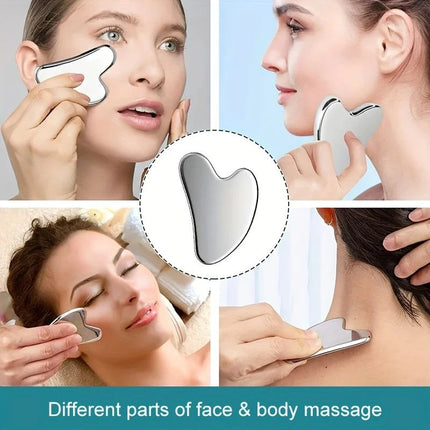 3-Piece Stainless Steel Scraping Board & Facial Massage Roller Set with Large Heart-Shaped Gua Sha Board, Gear Lip-Shaped Facial Gua Sha Plate and Round Handle Beauty Roller