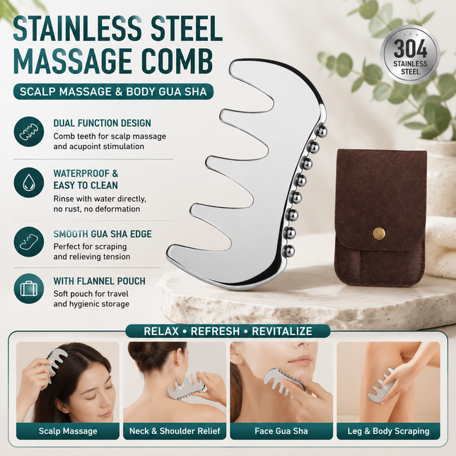 304 Stainless Steel Duoble-Sided Scalp Massage Comb & Gua Sha Relaxation Tool with Velvet Storage Bag Head