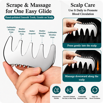 304 Stainless Steel Duoble-Sided Scalp Massage Comb & Gua Sha Relaxation Tool with Velvet Storage Bag – Head, Neck & Body Relaxation Massage Scraper