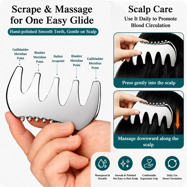 304 Stainless Steel Duoble-Sided Scalp Massage Comb & Gua Sha Relaxation Tool with Velvet Storage Bag Head – product detail