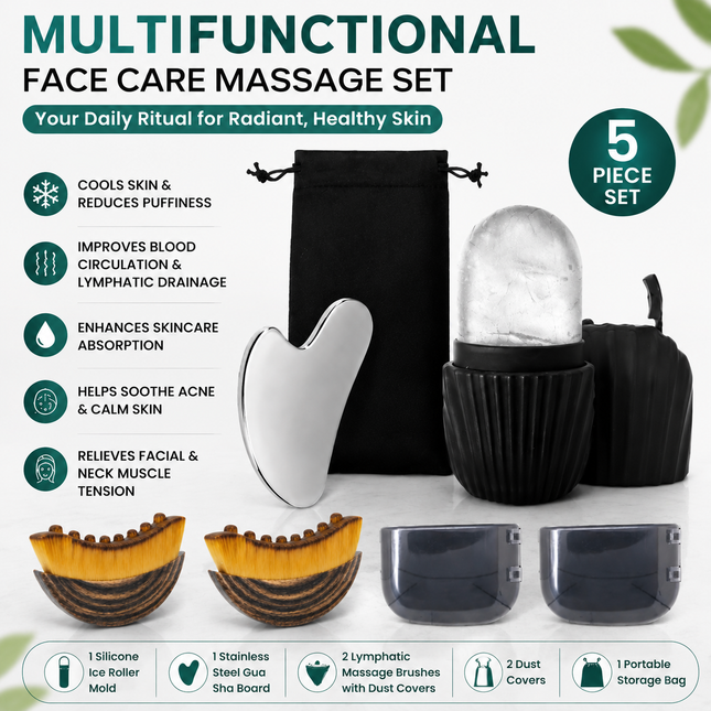 Multifunctional Skincare & Massage Kit with 80ml Black Silicone Facial Ice Roller Stainless