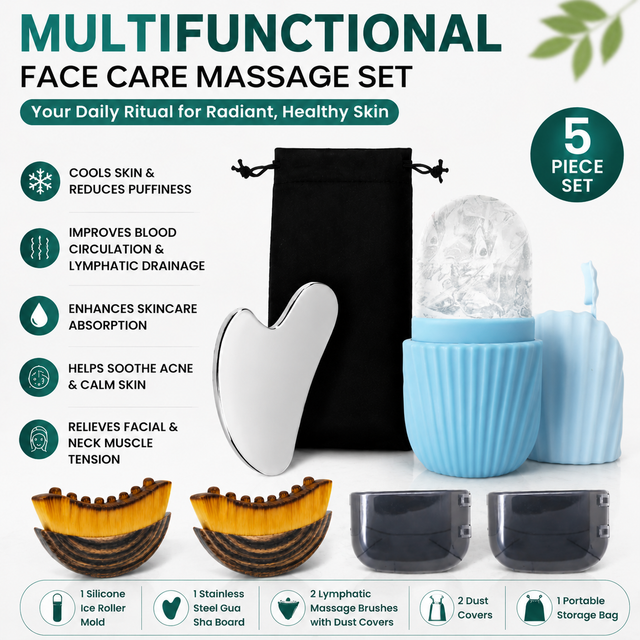 Multifunctional Skincare & Massage Kit with 80ml Blue Silicone Facial Ice Roller Stainless