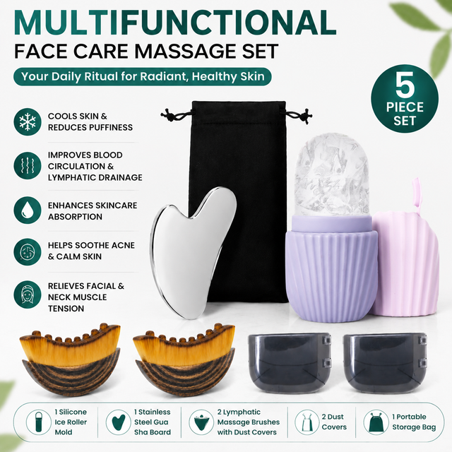 Multifunctional Skincare & Massage Kit with 80ml Purple Silicone Facial Ice Roller Stainless