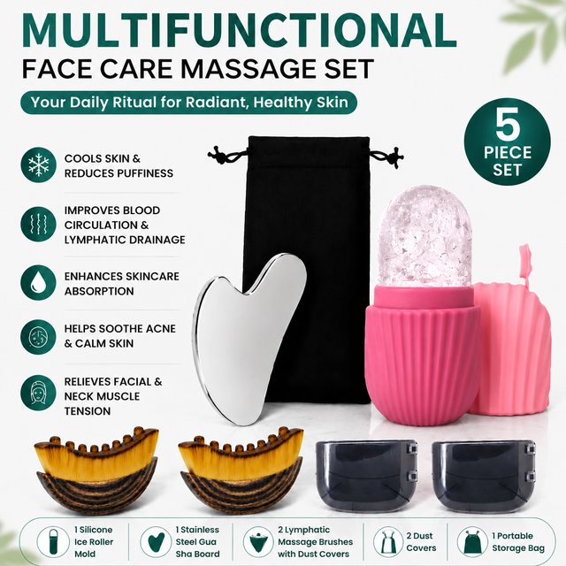 Multifunctional Skincare & Massage Kit with 80ml Rose Red Silicone Facial Ice Roller Stainless