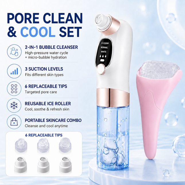 Microbubble Oxygen Hydration Facial Pore Cleanser and Pink Reusable Ice Roller Set with Waste