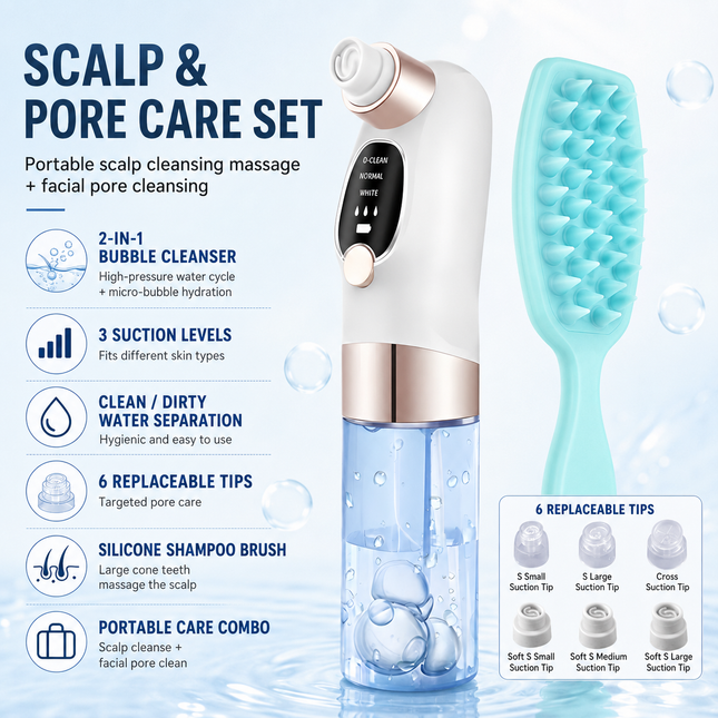 Microbubble Oxygen Hydration Facial Pore Cleanser and Blue Silicone Scalp Massage Scrubber Set with