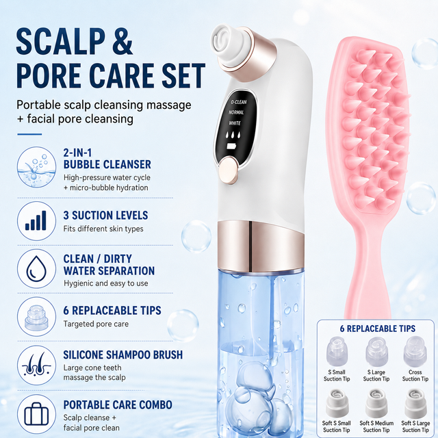 Microbubble Oxygen Hydration Facial Pore Cleanser and Pink Silicone Scalp Massage Scrubber Set with