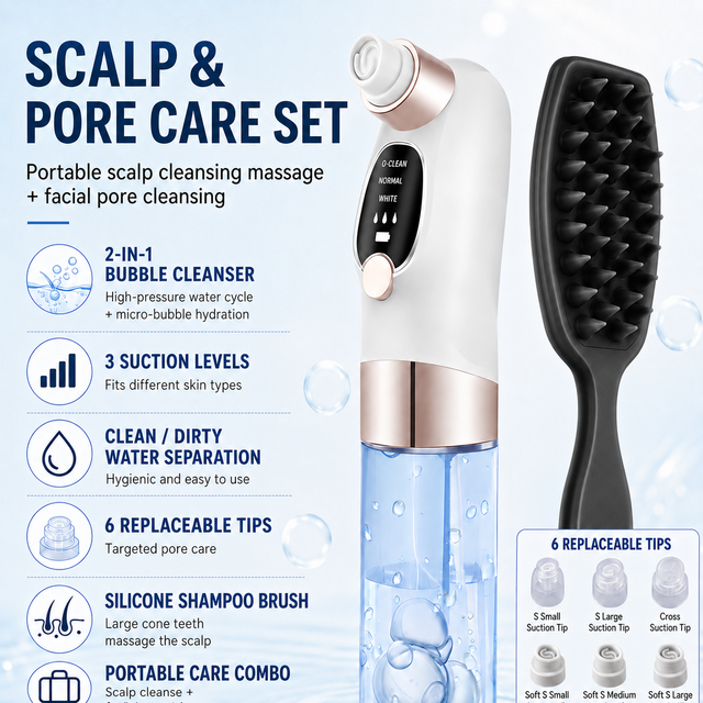 Microbubble Oxygen Hydration Facial Pore Cleanser and Black Silicone Scalp Massage Scrubber Set