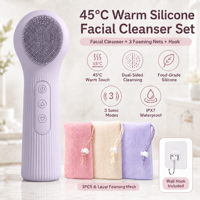 Purple 45 Degree C Constant Heating Silicone Facial Cleansing Brush and 3pcs 8-Layer Fine Foaming Nets