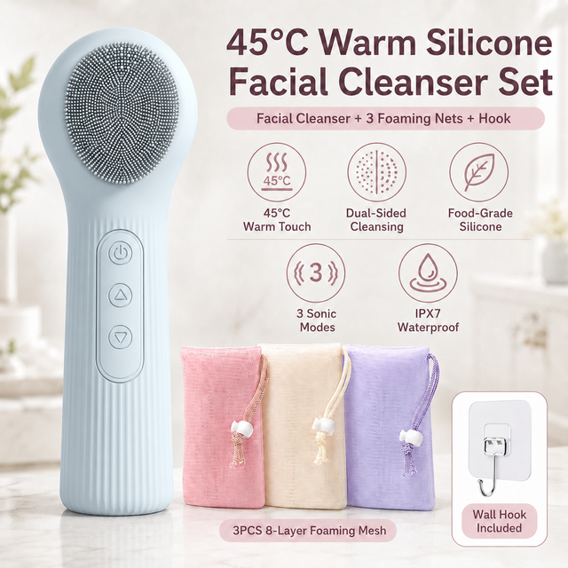 Blue 45 Degree C Constant Heating Silicone Facial Cleansing Brush and 3pcs 8-Layer Fine Foaming Nets