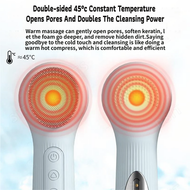 Blue 45 Degree C Constant Heating Silicone Facial Cleansing Brush and 3pcs 8-Layer Fine Foaming Nets – product detail