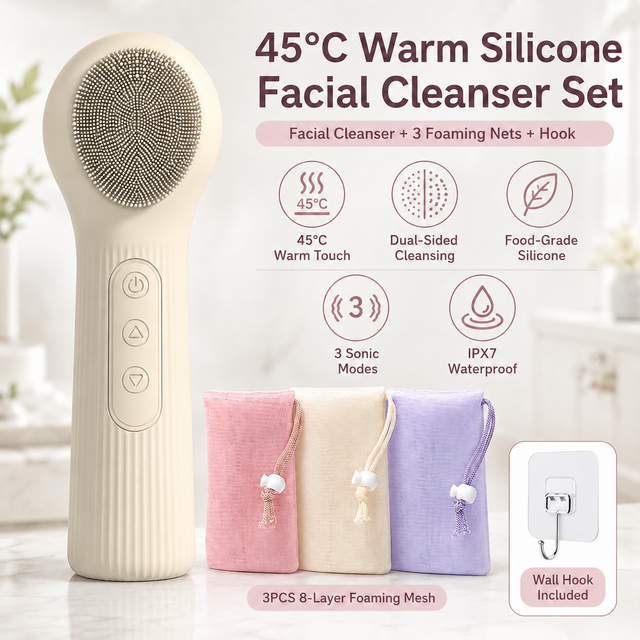 Beige 45 Degree C Constant Heating Silicone Facial Cleansing Brush and 3pcs 8-Layer Fine Foaming Nets