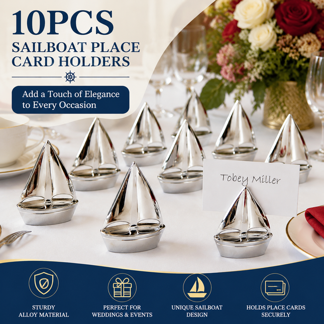 10-Pack Silver Plated Alloy Place Card Holders with Sailboat Designs Elegant Wedding Reception Seating Card