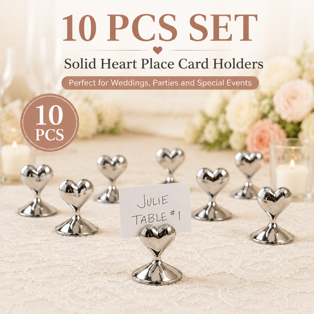 10-Pack Silver Plated Alloy Place Card Holders with Soild Heart Designs Elegant Wedding Reception Seating