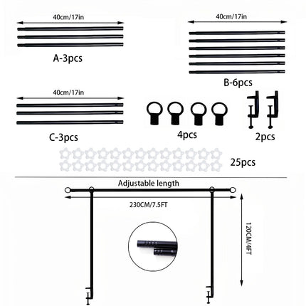 Black Iron Over Table Arch Display Stand with Fixed Clamps and Buckles for Balloons and Decorations, L 120-230cm & H 78-120cm Adjustable Wedding Party Table Rod Backdrop Frame for Birthday, Baby Showers and Celebrations