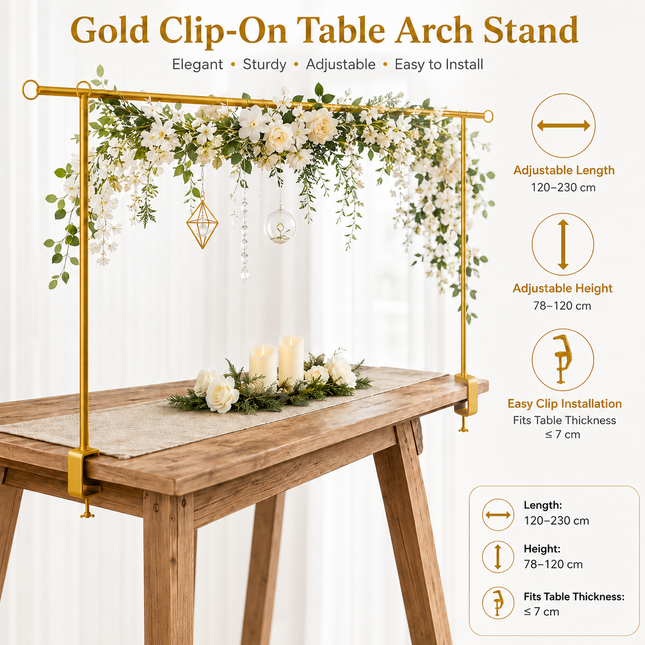Gold Iron Over Table Arch Display Stand with Fixed Clamps and Buckles for Balloons and V888-ELOSUNG52777