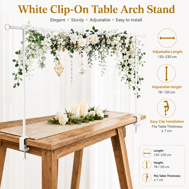White Iron Over Table Arch Display Stand with Fixed Clamps and Buckles for Balloons and V888-ELOSUNG52778
