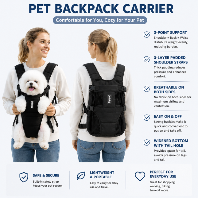 Black Hands Free Adjustable Dog Carrier Backpack with 3-Point Support Reserved Tail Opening and Wide Padded