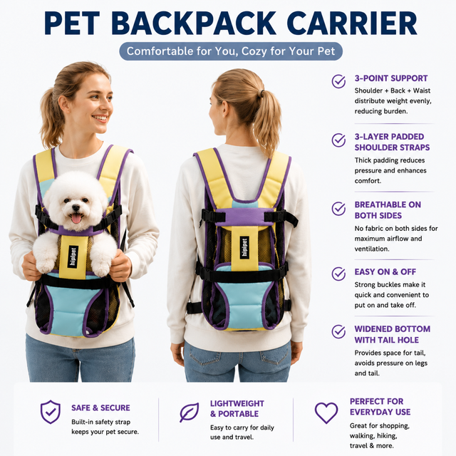 Yellow Purple Hands Free Adjustable Dog Carrier Backpack with 3-Point Support Reserved Tail Opening