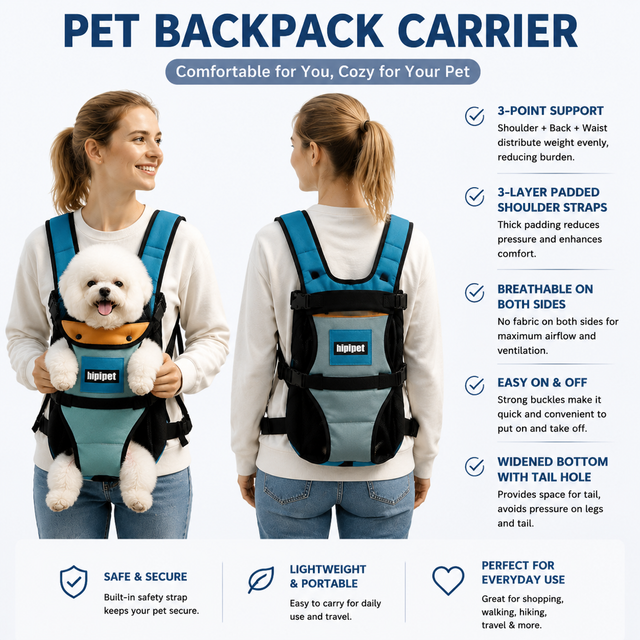 Blue Hands Free Adjustable Dog Carrier Backpack with 3-Point Support Reserved Tail Opening and Wide Padded