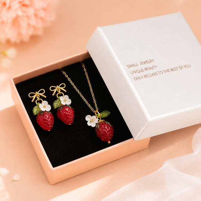 Cute Crystal Strawberry Pendant Jewelry Set for Women with Flower Berries Leaves Bow Earrings and – product detail