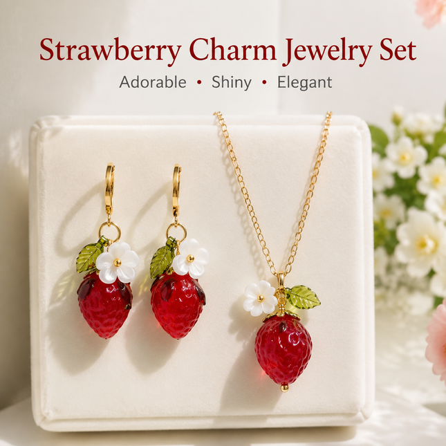 Cute Crystal Strawberry Pendant Jewelry Set for Women with Flower Berries Leaves Design Hoop Earrings and