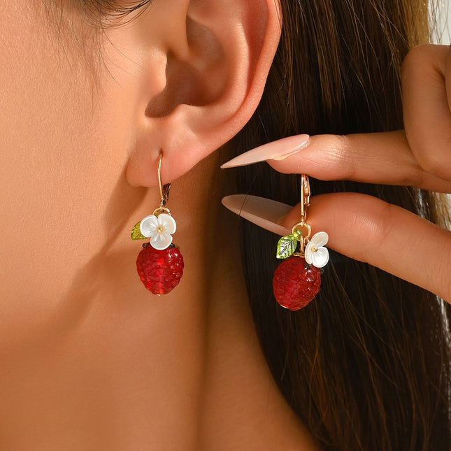 Cute Crystal Strawberry Pendant Jewelry Set for Women with Flower Berries Leaves Design Hoop Earrings and – product detail