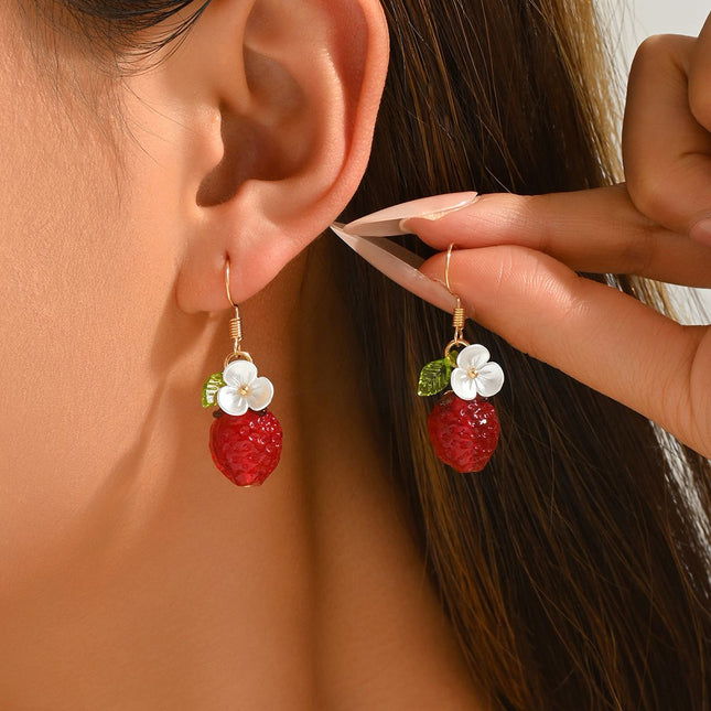 Cute Crystal Strawberry Pendant Jewelry Set for Women with Flower Berries Leaves Design Hook Earrings and – product detail